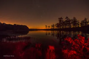 This is an image of a sunset with stars in the sky at Goodale State Park. You can see the redshift of the long exposure from the camera on the brush in front of you.