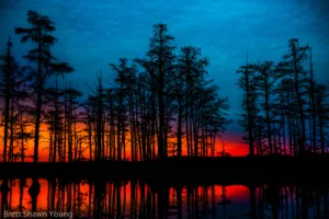 This is an image of a sunrise that looks like fire and ice over Goodale State Park