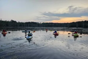 An overlook of the Civil War era Mill pond at Goodale State Park with a group of six kayakers paddling out to the middle