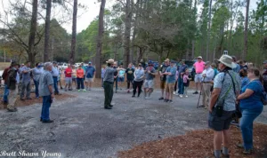 This is an image of the group of around 40 or 50 hikers getting briefed for their Annual First Day Hike